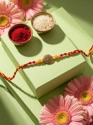 artificial beads decorative om design religious thread rakhi with roli chawal chandan 5