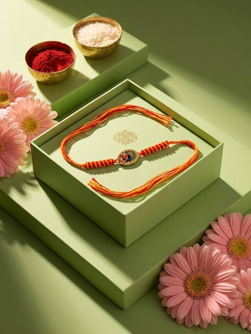 om motif divine religious thread rakhi with roli chawal chandan mishri