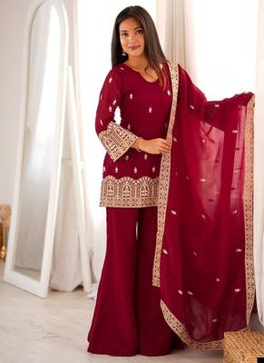 Maroon heavy embroidered crunchy silk kurta set with bell bottom 1