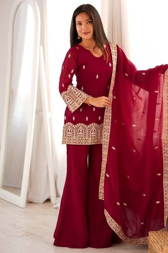 Maroon heavy embroidered crunchy silk kurta set with bell bottom
