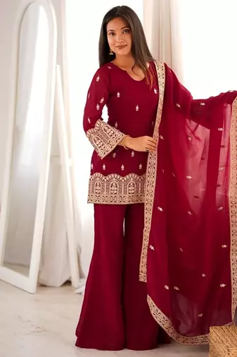 Maroon heavy embroidered crunchy silk kurta set with bell bottom