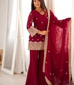 Maroon heavy embroidered crunchy silk kurta set with bell bottom