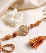 rudraksh & kundan studded gold toned thread rakhi with roli chawal chandan mishri
