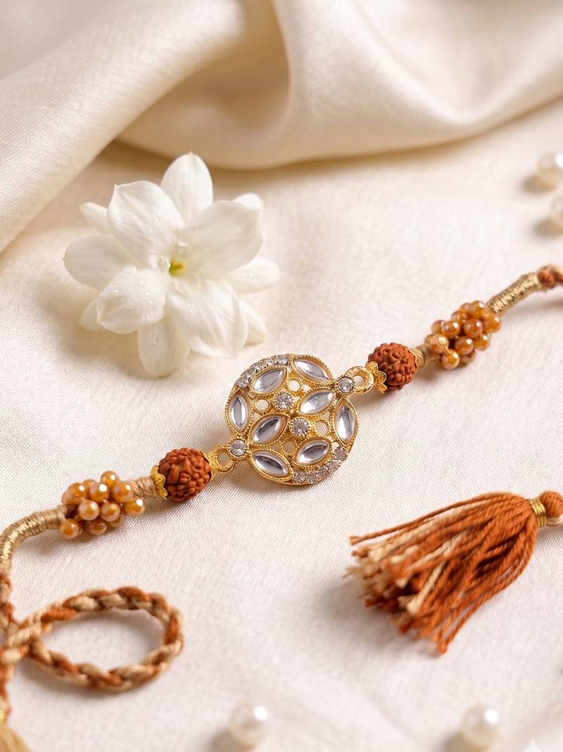 rudraksh & kundan studded gold toned thread rakhi with roli chawal chandan mishri