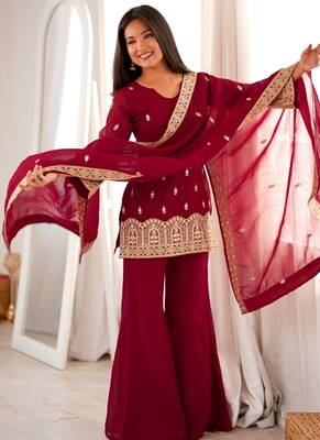 Maroon heavy embroidered crunchy silk kurta set with bell bottom 2