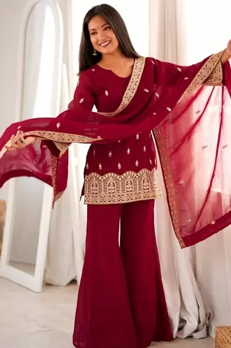 Maroon heavy embroidered crunchy silk kurta set with bell bottom