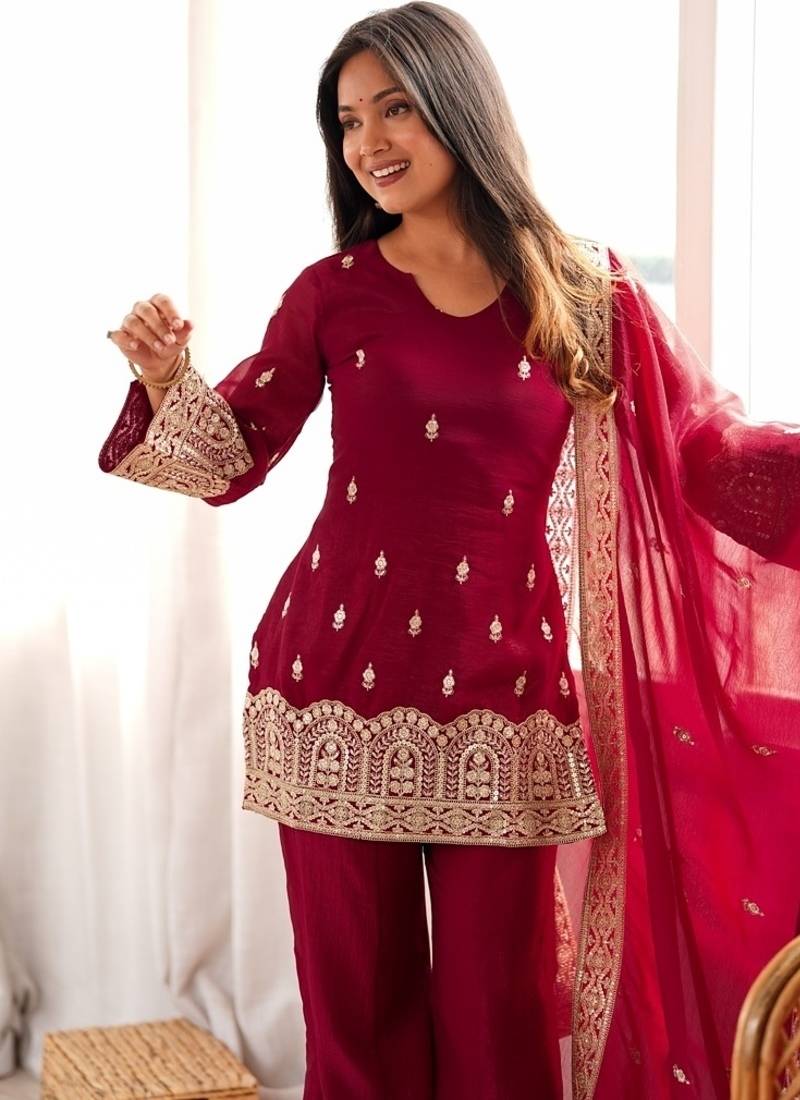 Maroon heavy embroidered crunchy silk kurta set with bell bottom