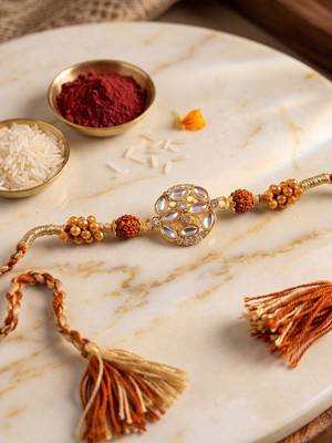 rudraksh & kundan studded gold toned thread rakhi with roli chawal chandan mishri 2
