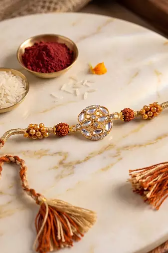 rudraksh & kundan studded gold toned thread rakhi with roli chawal chandan mishri