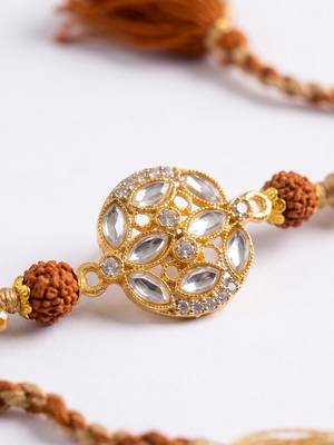 rudraksh & kundan studded gold toned thread rakhi with roli chawal chandan mishri 3
