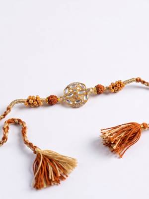 rudraksh & kundan studded gold toned thread rakhi with roli chawal chandan mishri 4