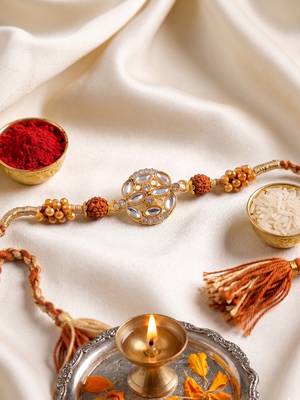 rudraksh & kundan studded gold toned thread rakhi with roli chawal chandan mishri 5