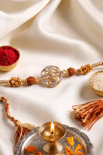 rudraksh & kundan studded gold toned thread rakhi with roli chawal chandan mishri