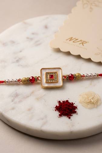 square design multicolor artificial stones & pearls thread rakhi with roli chawal