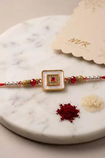 square design multicolor artificial stones & pearls thread rakhi with roli chawal