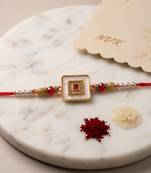 square design multicolor artificial stones & pearls thread rakhi with roli chawal