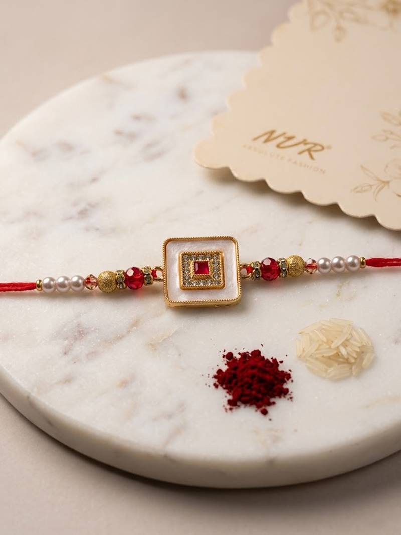 square design multicolor artificial stones & pearls thread rakhi with roli chawal