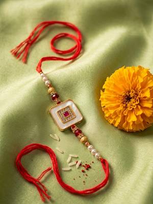 square design multicolor artificial stones & pearls thread rakhi with roli chawal 2