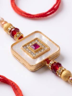 square design multicolor artificial stones & pearls thread rakhi with roli chawal 3