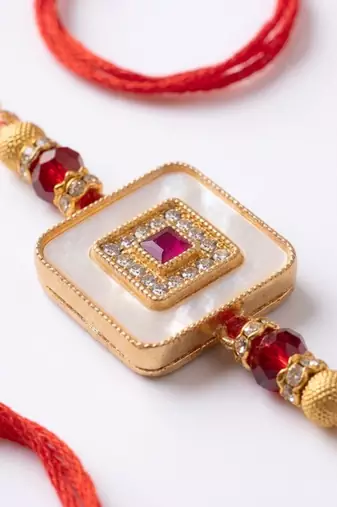 square design multicolor artificial stones & pearls thread rakhi with roli chawal