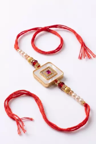square design multicolor artificial stones & pearls thread rakhi with roli chawal