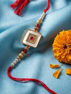 square design multicolor artificial stones & pearls thread rakhi with roli chawal 5