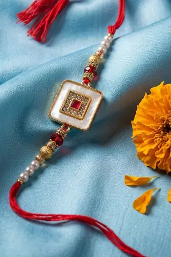 square design multicolor artificial stones & pearls thread rakhi with roli chawal