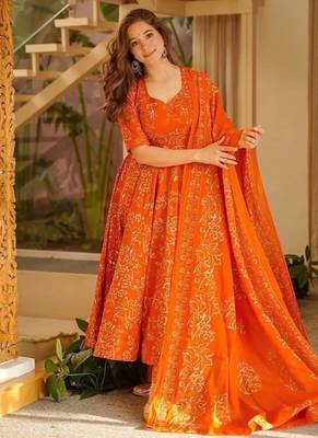 Floral printed muslin v neck orange anarkali set 1