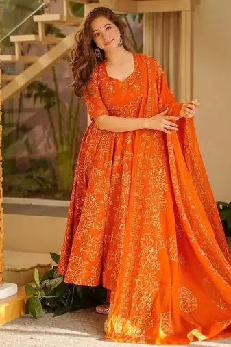 Floral printed muslin v neck orange anarkali set