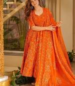 Floral printed muslin v neck orange anarkali set