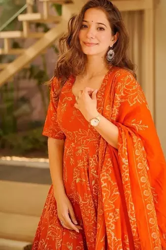 Floral printed muslin v neck orange anarkali set