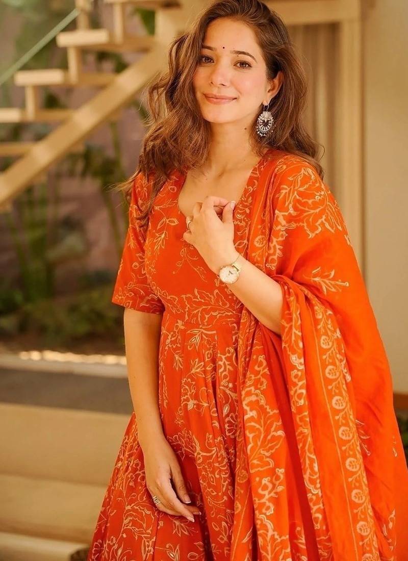Floral printed muslin v neck orange anarkali set