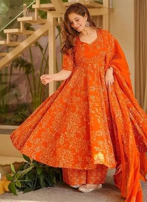Floral printed muslin v neck orange anarkali set 3