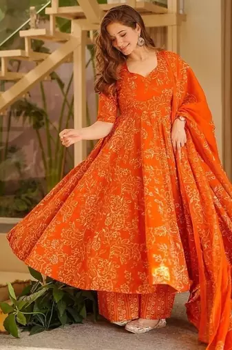 Floral printed muslin v neck orange anarkali set