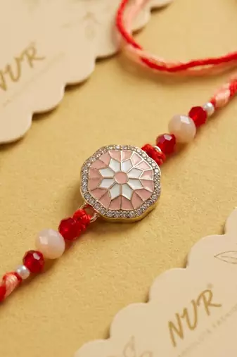 floral design multicolor artificial stones & beads thread rakhi with roli chawal
