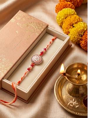 floral design multicolor artificial stones & beads thread rakhi with roli chawal 2