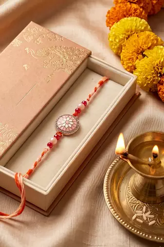 floral design multicolor artificial stones & beads thread rakhi with roli chawal