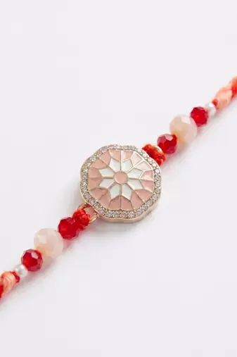 floral design multicolor artificial stones & beads thread rakhi with roli chawal