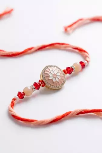 floral design multicolor artificial stones & beads thread rakhi with roli chawal