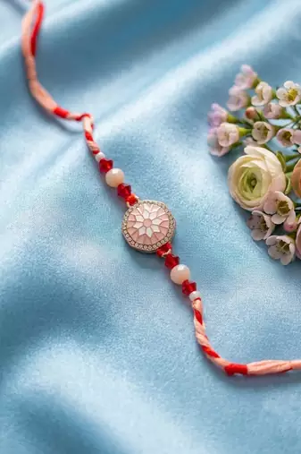 floral design multicolor artificial stones & beads thread rakhi with roli chawal