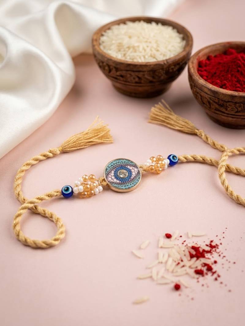 round artificial stones & beads brown thread rakhi with roli chawal chandan mishri