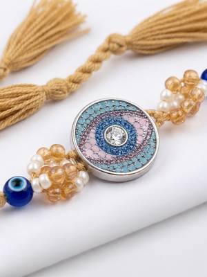 round artificial stones & beads brown thread rakhi with roli chawal chandan mishri 2
