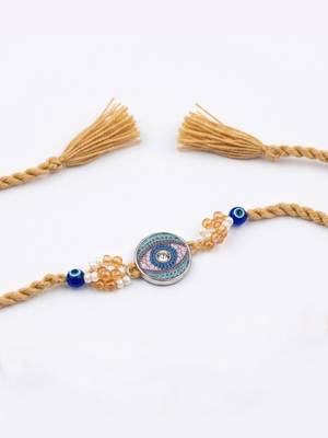 round artificial stones & beads brown thread rakhi with roli chawal chandan mishri 4
