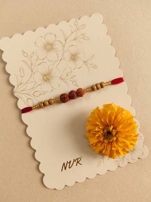 religious rudraksh & red thread rakhi with roli chawal chandan mishri 4