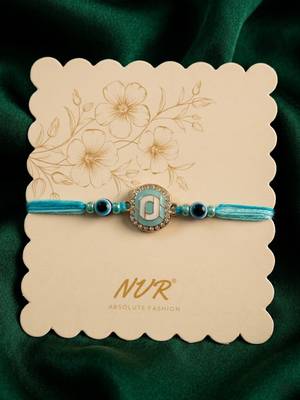 blue evil eye & artificial stones oval shape thread rakhi with roli chawal chandan 1
