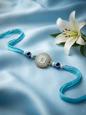 blue evil eye & artificial stones oval shape thread rakhi with roli chawal chandan 2