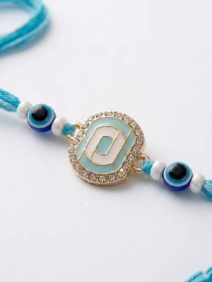 blue evil eye & artificial stones oval shape thread rakhi with roli chawal chandan 3