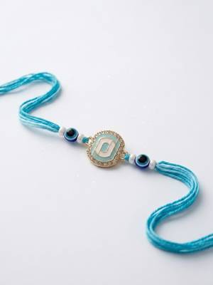 blue evil eye & artificial stones oval shape thread rakhi with roli chawal chandan 4