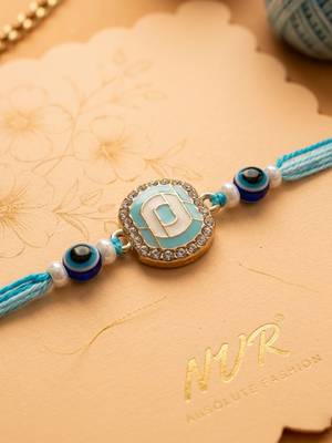 blue evil eye & artificial stones oval shape thread rakhi with roli chawal chandan 5