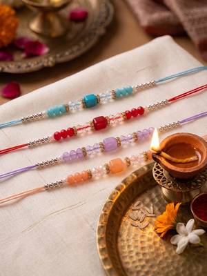 set of 4 multicolor artificial beads thread rakhi with roli chawal chandan mishri 1